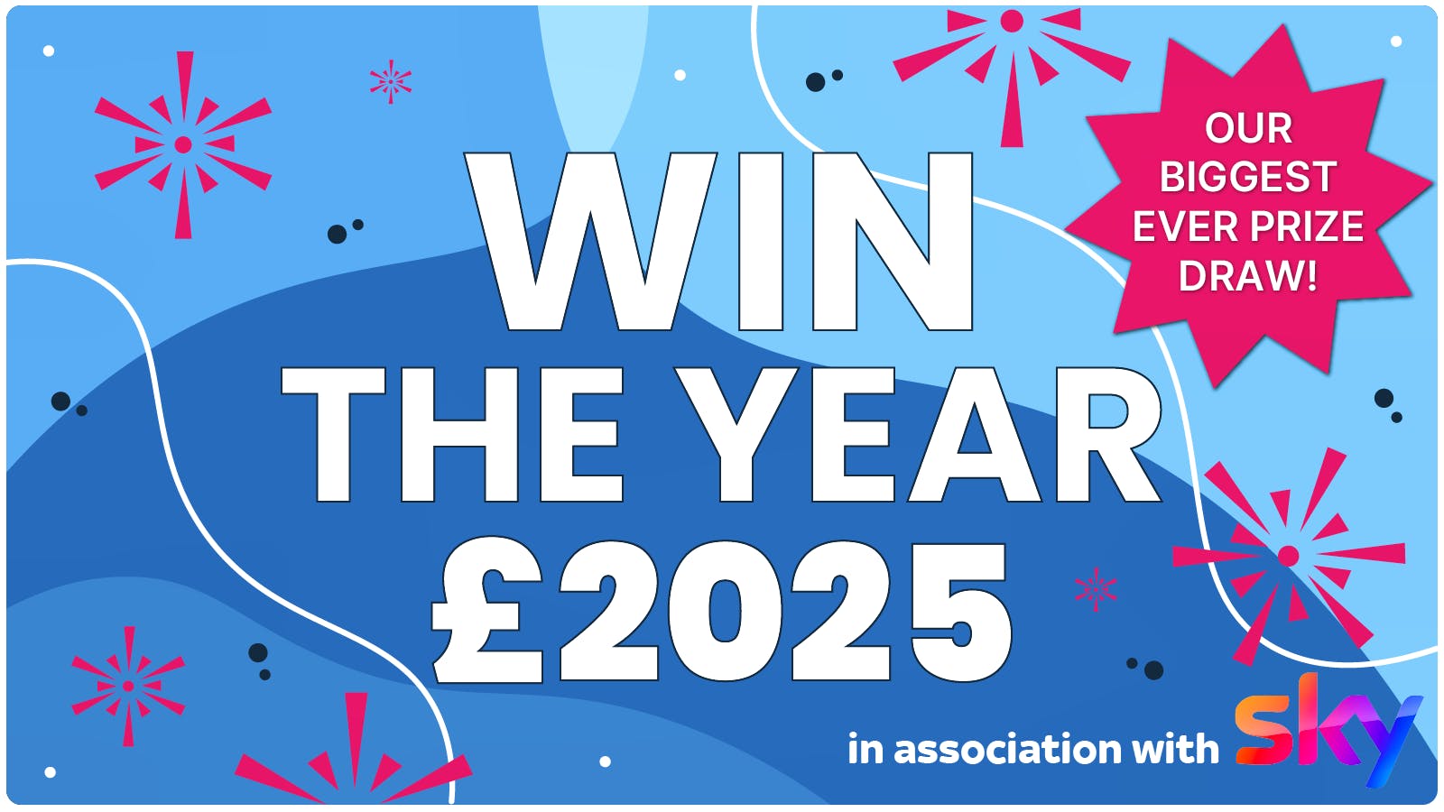 Stylised text reading 'Win the Year £2025 In association with Sky' and 'Our biggest ever prize draw' in a star